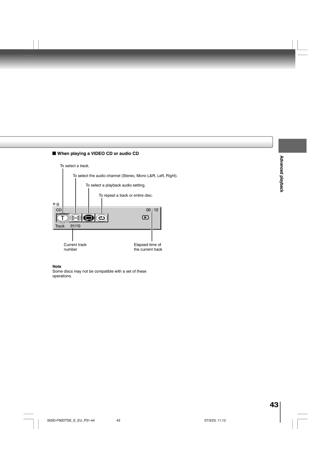 Toshiba SD-P90DTSE owner manual When playing a Video CD or audio CD 