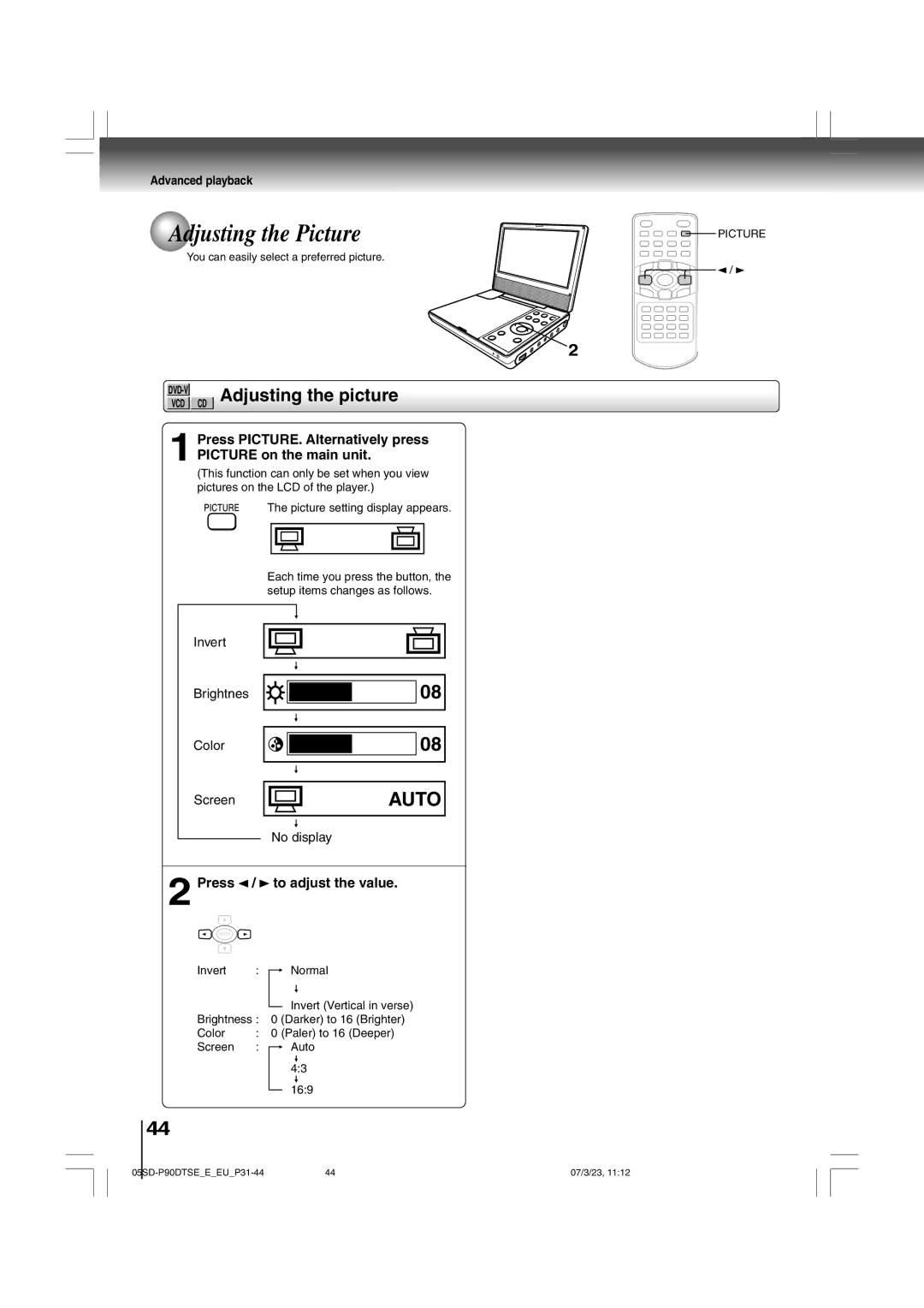 Toshiba SD-P90DTSE owner manual Adjusting the Picture, Adjusting the picture, Press To adjust the value, Invert Normal 