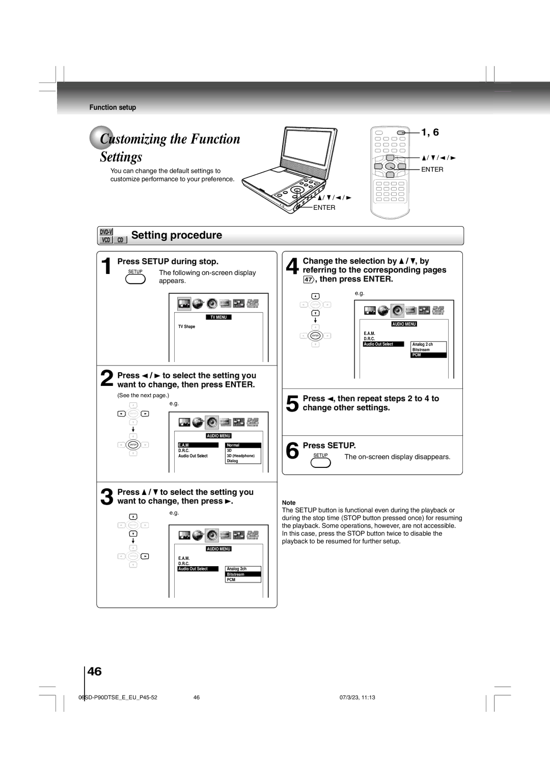 Toshiba SD-P90DTSE owner manual Customizing the Function Settings, Setting procedure, Press Setup during stop 