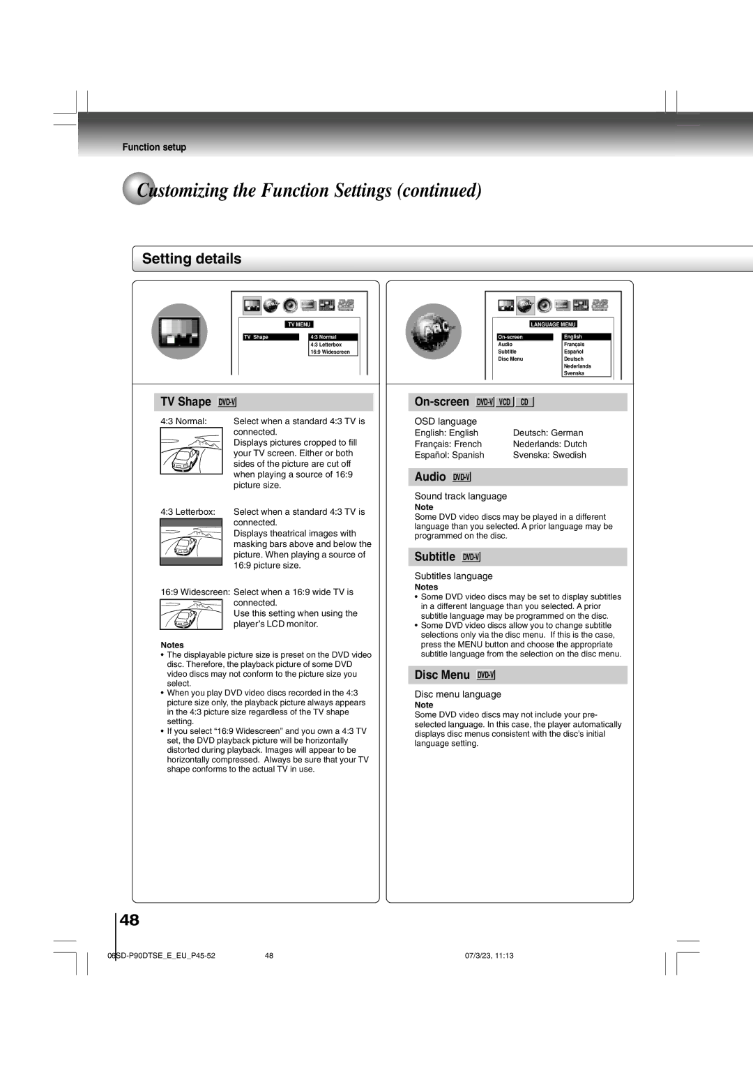 Toshiba SD-P90DTSE owner manual Setting details, TV Shape, On-screen DVD-V 