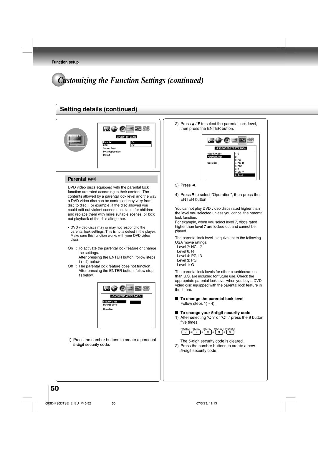 Toshiba SD-P90DTSE owner manual To change the parental lock level, Follow steps 1, To change your 5-digit security code 