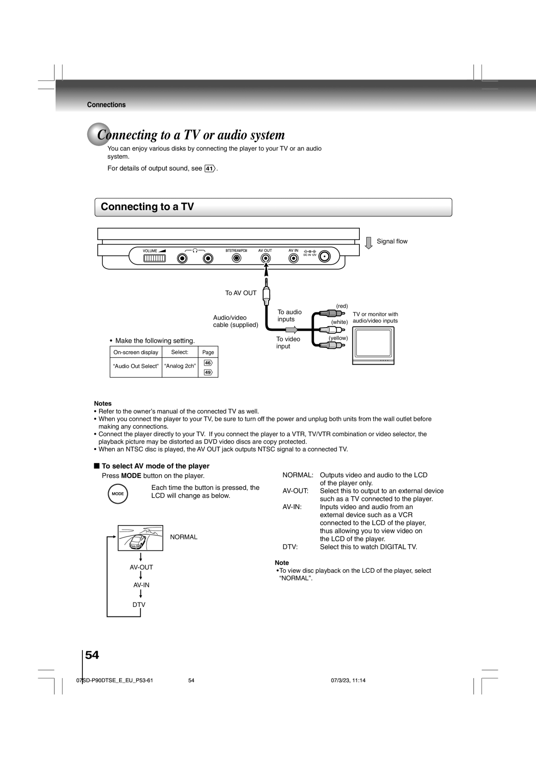 Toshiba SD-P90DTSE owner manual Connecting to a TV or audio system, Connections, To select AV mode of the player 