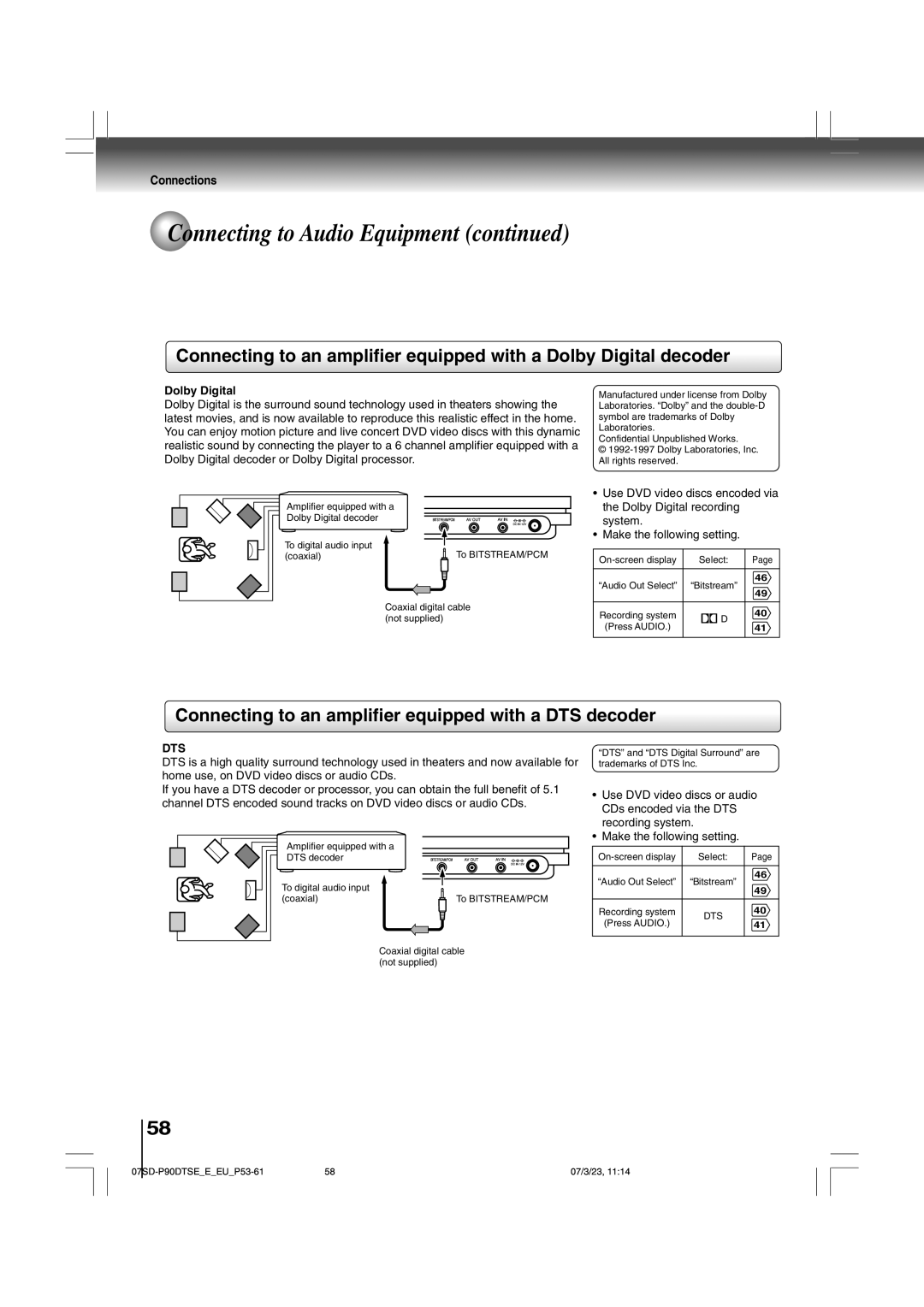 Toshiba SD-P90DTSE owner manual Connecting to an amplifier equipped with a DTS decoder, Dolby Digital 