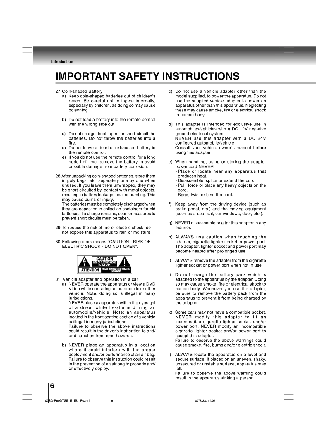 Toshiba SD-P90DTSE owner manual Important Safety Instructions 