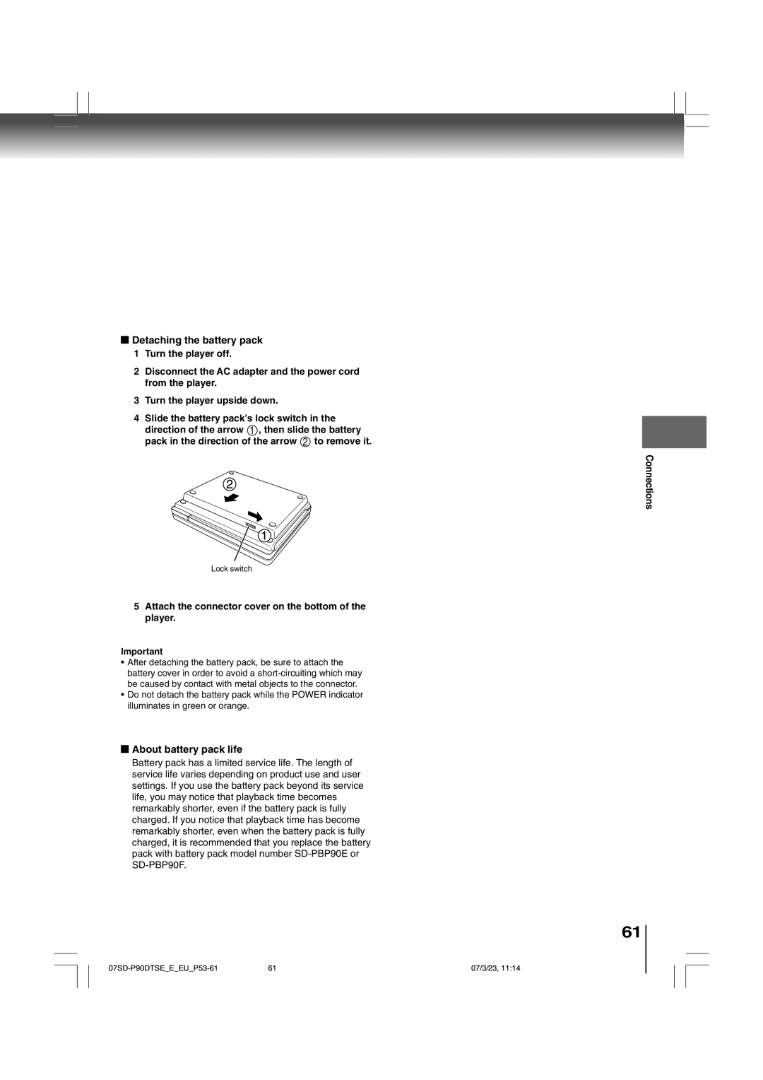 Toshiba SD-P90DTSE owner manual Detaching the battery pack, About battery pack life 