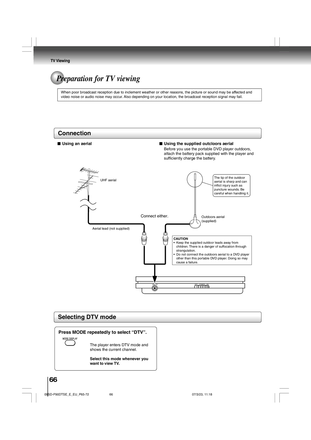 Toshiba SD-P90DTSE Preparation for TV viewing, Connection, Selecting DTV mode, Press Mode repeatedly to select DTV 