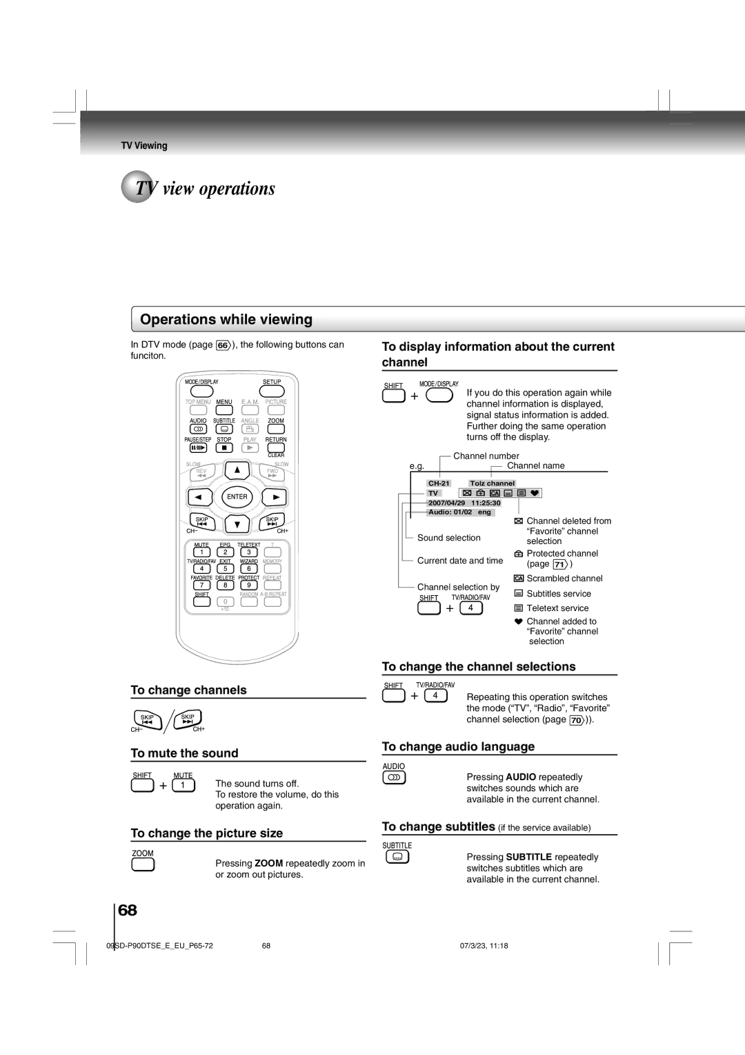 Toshiba SD-P90DTSE TV view operations, Operations while viewing, DTV mode page 66 , the following buttons can funciton 