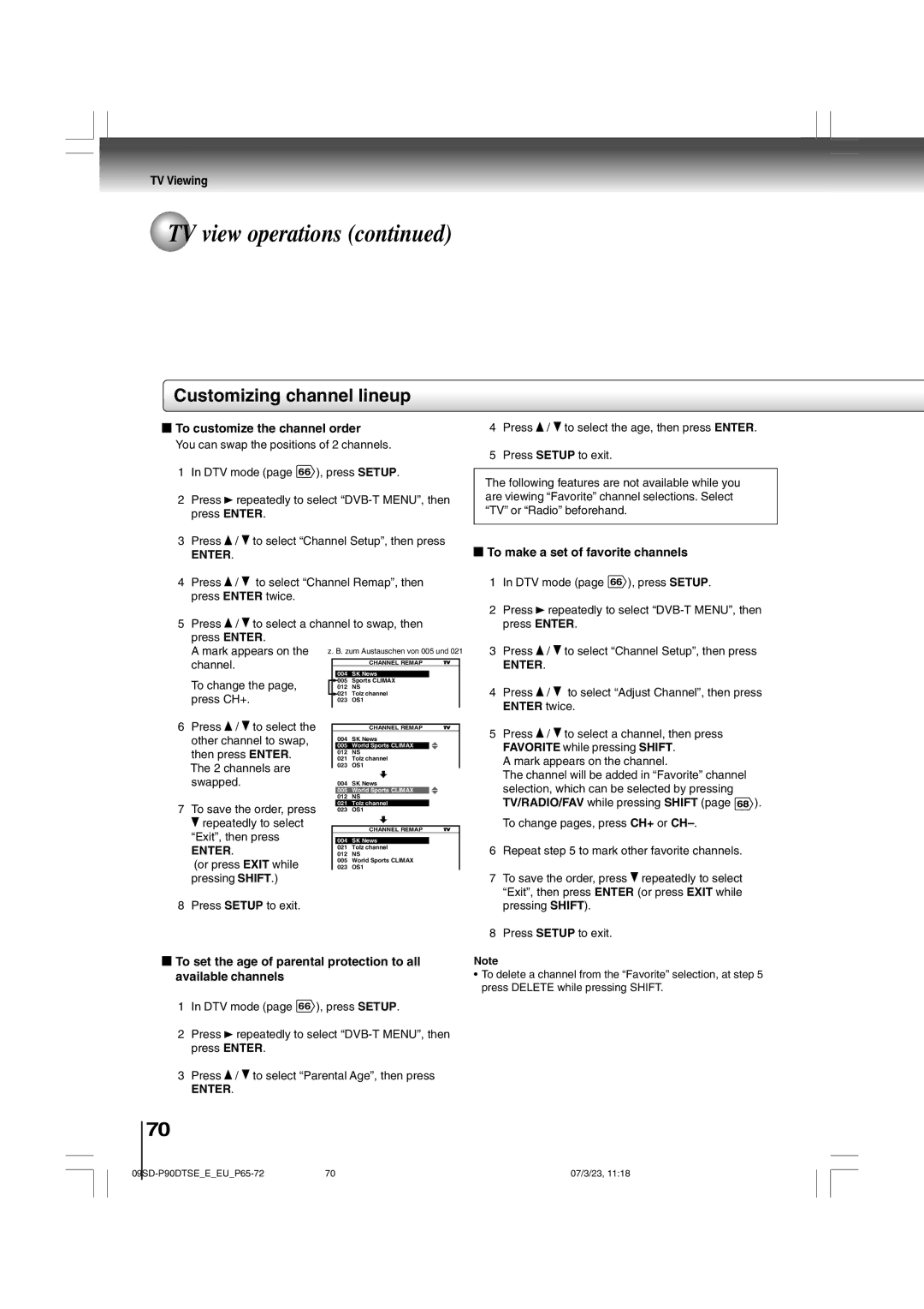 Toshiba SD-P90DTSE Customizing channel lineup, To customize the channel order, To make a set of favorite channels 