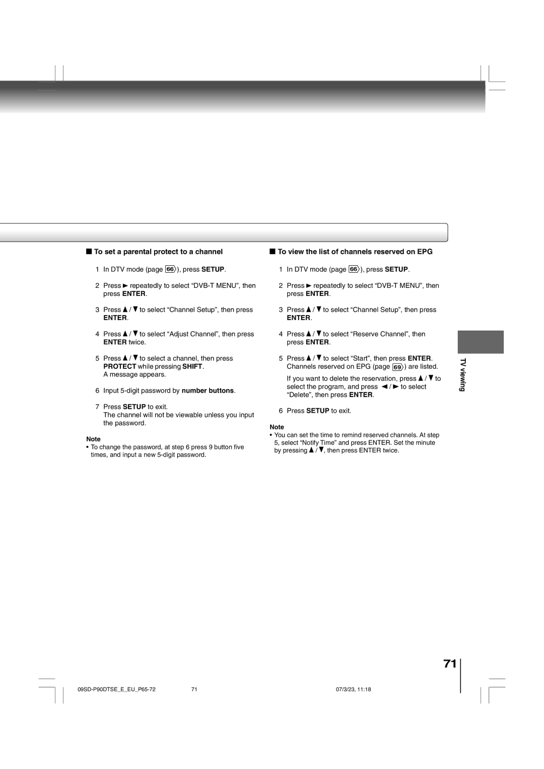 Toshiba SD-P90DTSE To set a parental protect to a channel, To view the list of channels reserved on EPG, TV viewing 