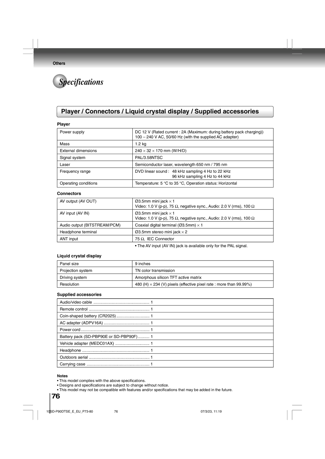 Toshiba SD-P90DTSE owner manual Specifications, Player, Connectors, Liquid crystal display, Supplied accessories 