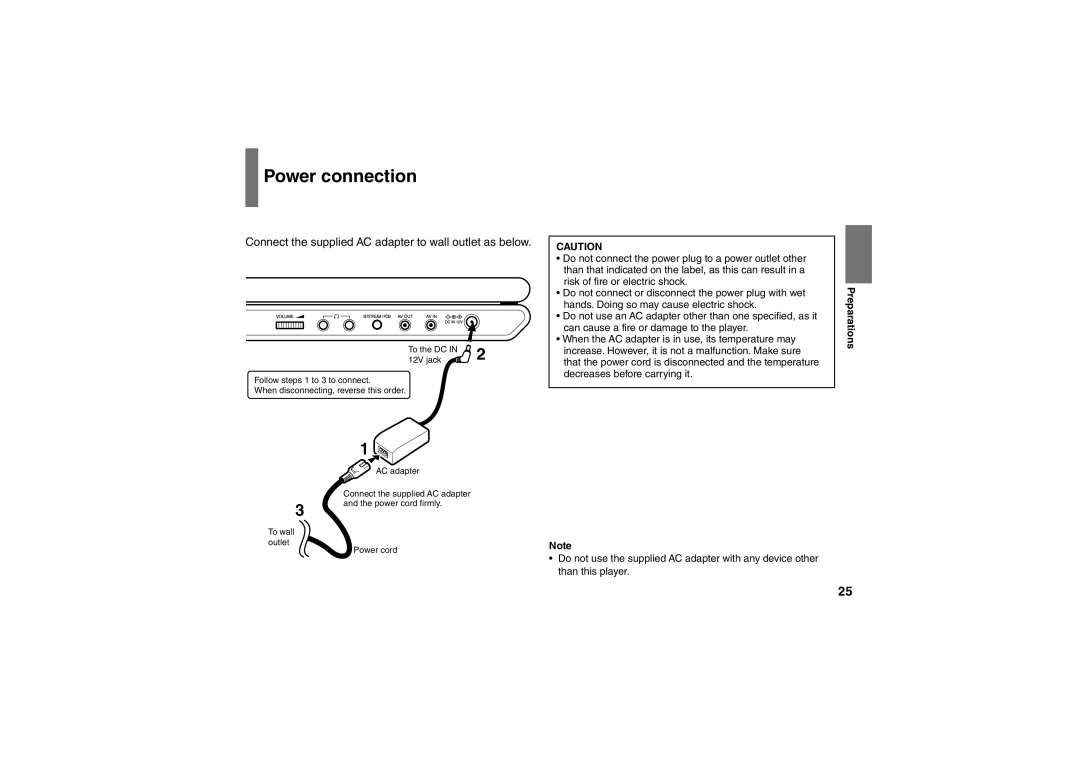 Toshiba SD-P91SKY owner manual Power connection, Connect the supplied AC adapter to wall outlet as below, Preparations 