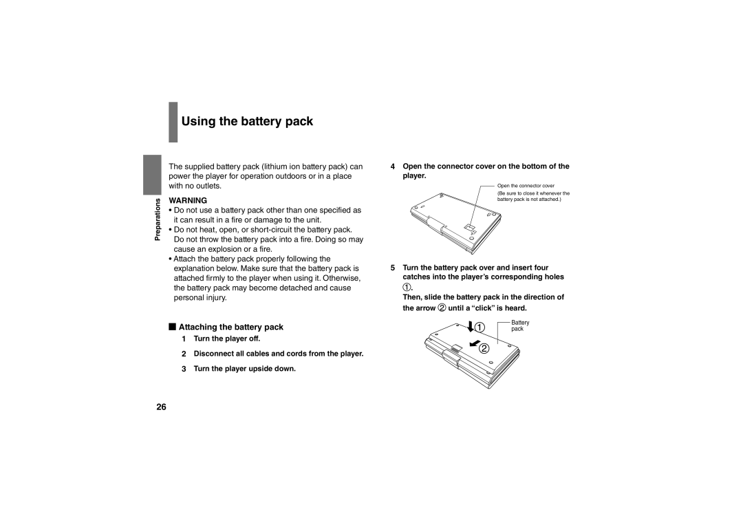 Toshiba SD-P91SKY owner manual Using the battery pack, Attaching the battery pack 