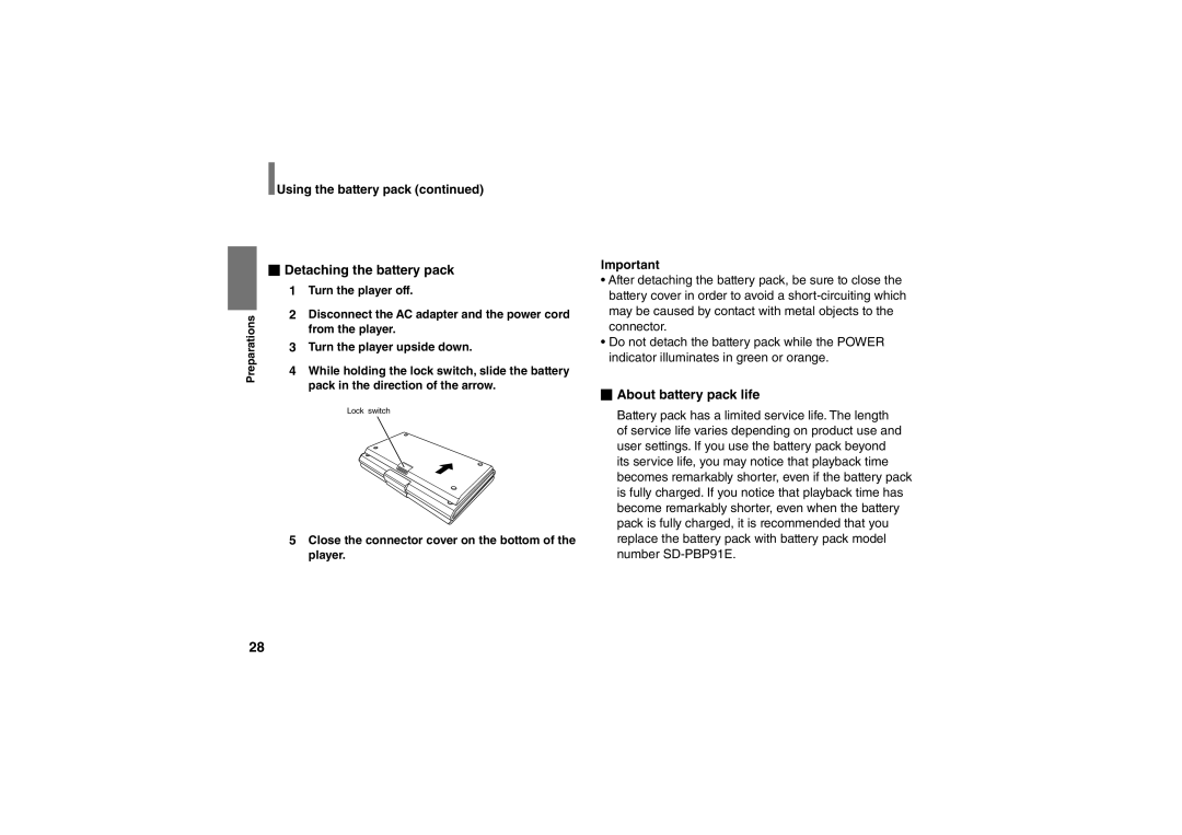 Toshiba SD-P91SKY owner manual Detaching the battery pack, About battery pack life 