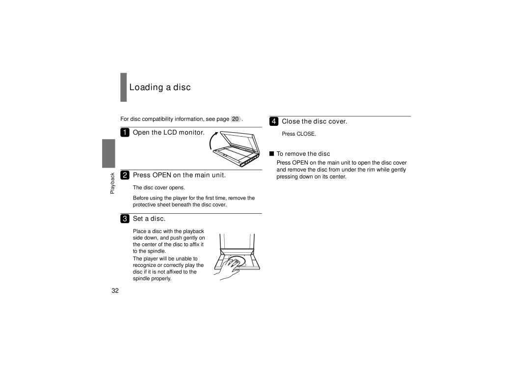 Toshiba SD-P91SKY Loading a disc, Open the LCD monitor, Press Open on the main unit, Set a disc, Close the disc cover 