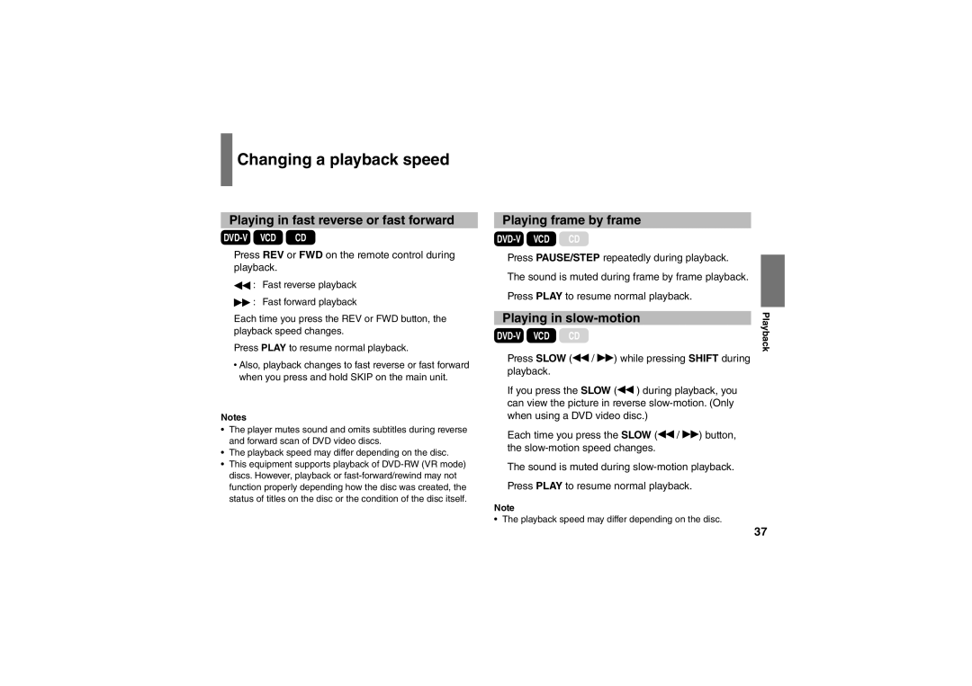 Toshiba SD-P91SKY owner manual Changing a playback speed, Playing in fast reverse or fast forward, Playing frame by frame 