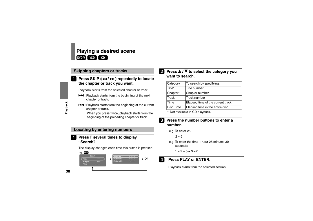 Toshiba SD-P91SKY Playing a desired scene, Skipping chapters or tracks, Locating by entering numbers, Press Play or Enter 