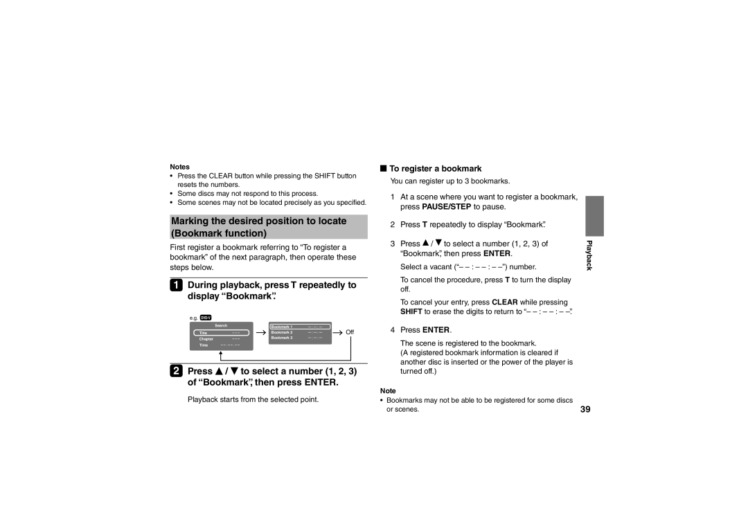 Toshiba SD-P91SKY Marking the desired position to locate Bookmark function, To register a bookmark, Press Enter 