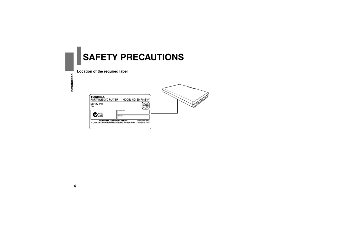 Toshiba SD-P91SKY owner manual Location of the required label 