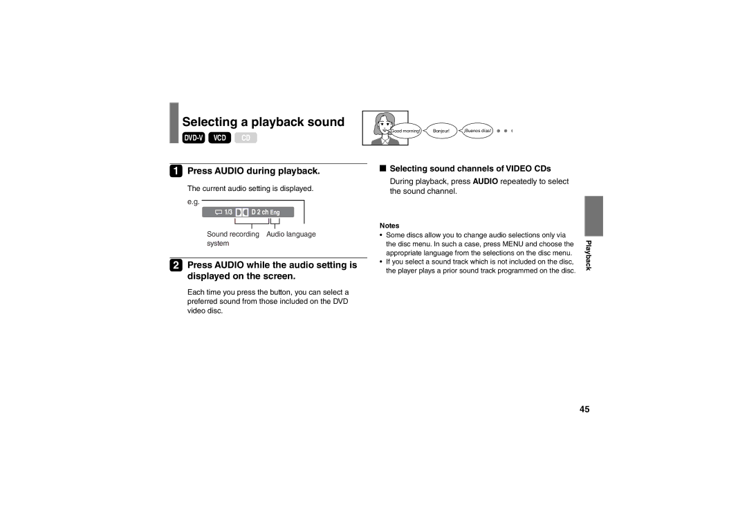 Toshiba SD-P91SKY Selecting a playback sound, Press Audio during playback, Selecting sound channels of Video CDs 