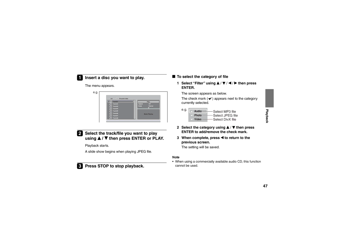 Toshiba SD-P91SKY owner manual Insert a disc you want to play, Press Stop to stop playback, To select the category of file 