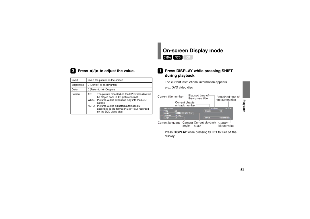 Toshiba SD-P91SKY On-screen Display mode, Press / to adjust the value, Press Display while pressing Shift during playback 