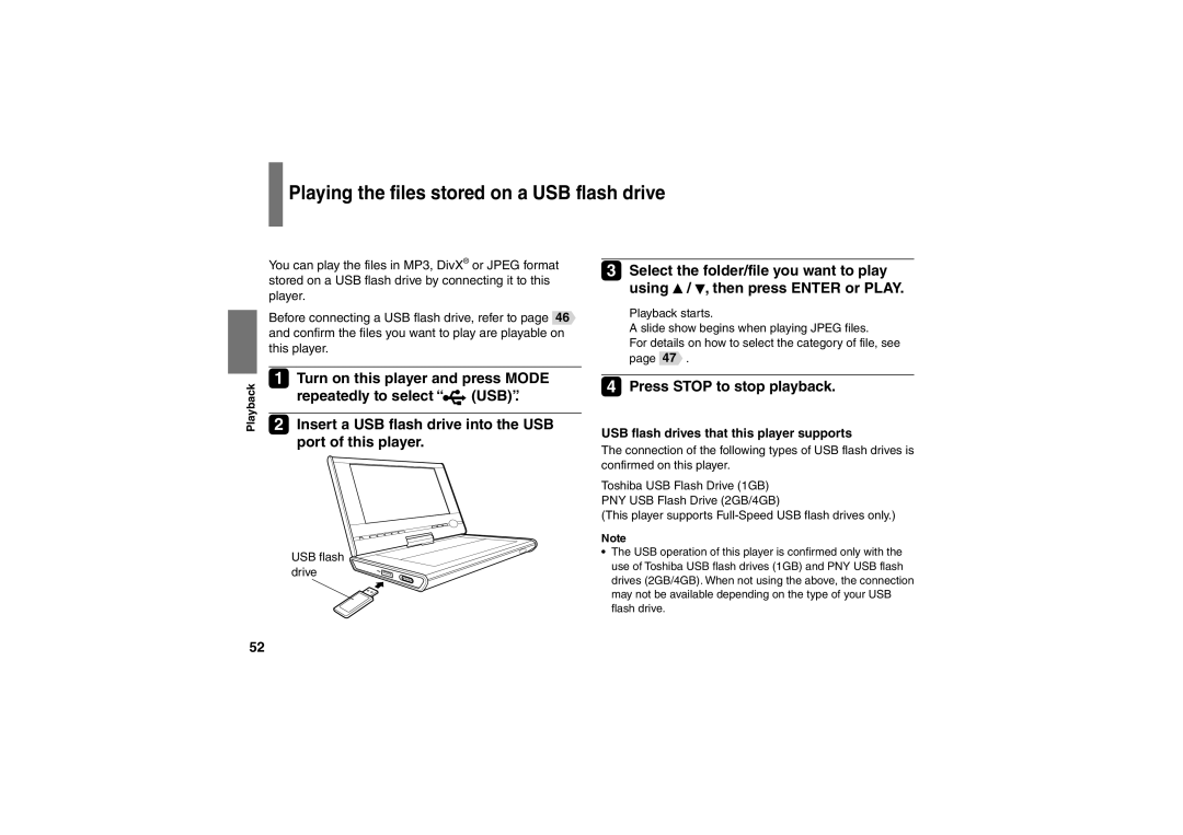 Toshiba SD-P91SKY Playing the files stored on a USB flash drive, Insert a USB flash drive into the USB port of this player 