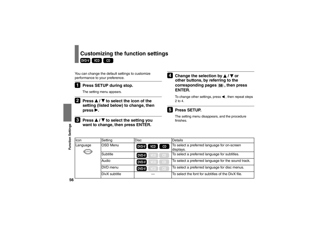 Toshiba SD-P91SKY owner manual Customizing the function settings, Press Setup during stop 