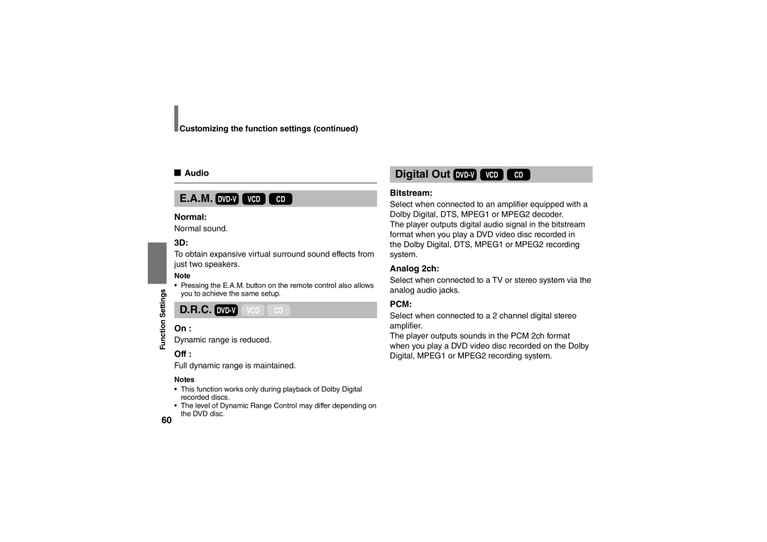 Toshiba SD-P91SKY owner manual Audio, Bitstream, Analog 2ch, Dynamic range is reduced, Full dynamic range is maintained 