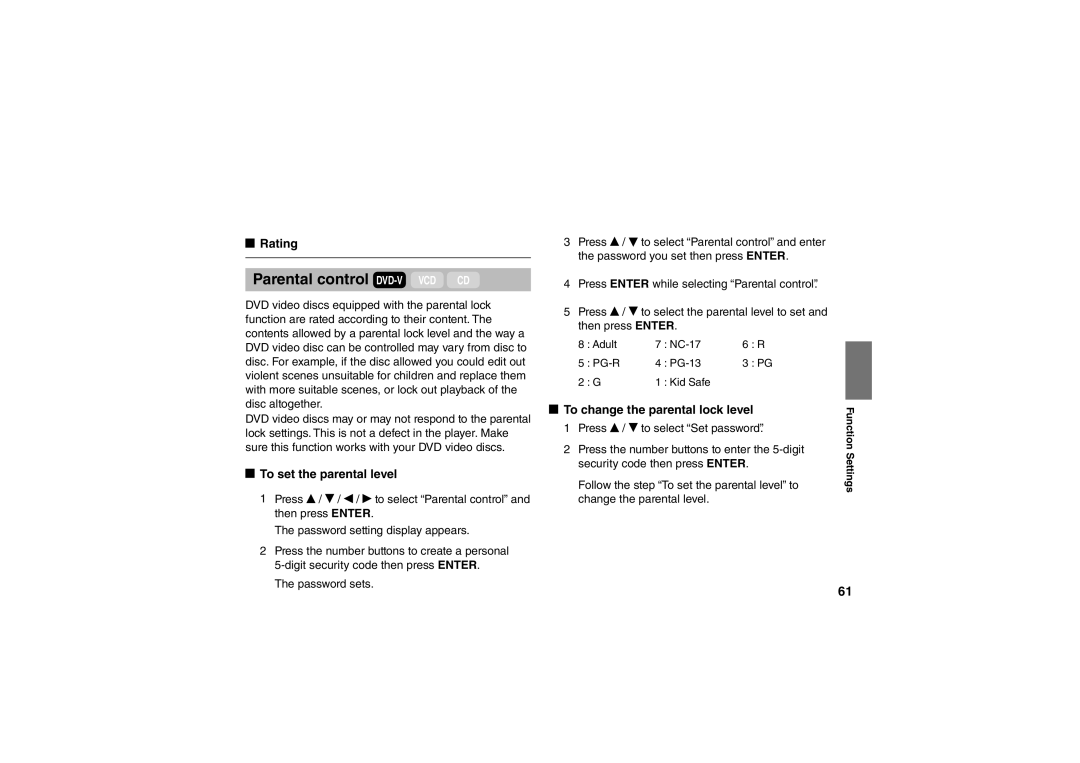 Toshiba SD-P91SKY Rating, To set the parental level, To change the parental lock level, Security code then press Enter 