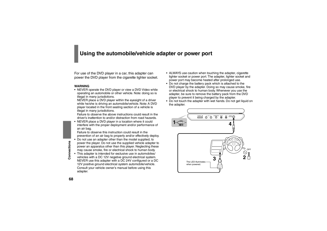 Toshiba SD-P91SKY owner manual Using the automobile/vehicle adapter or power port 