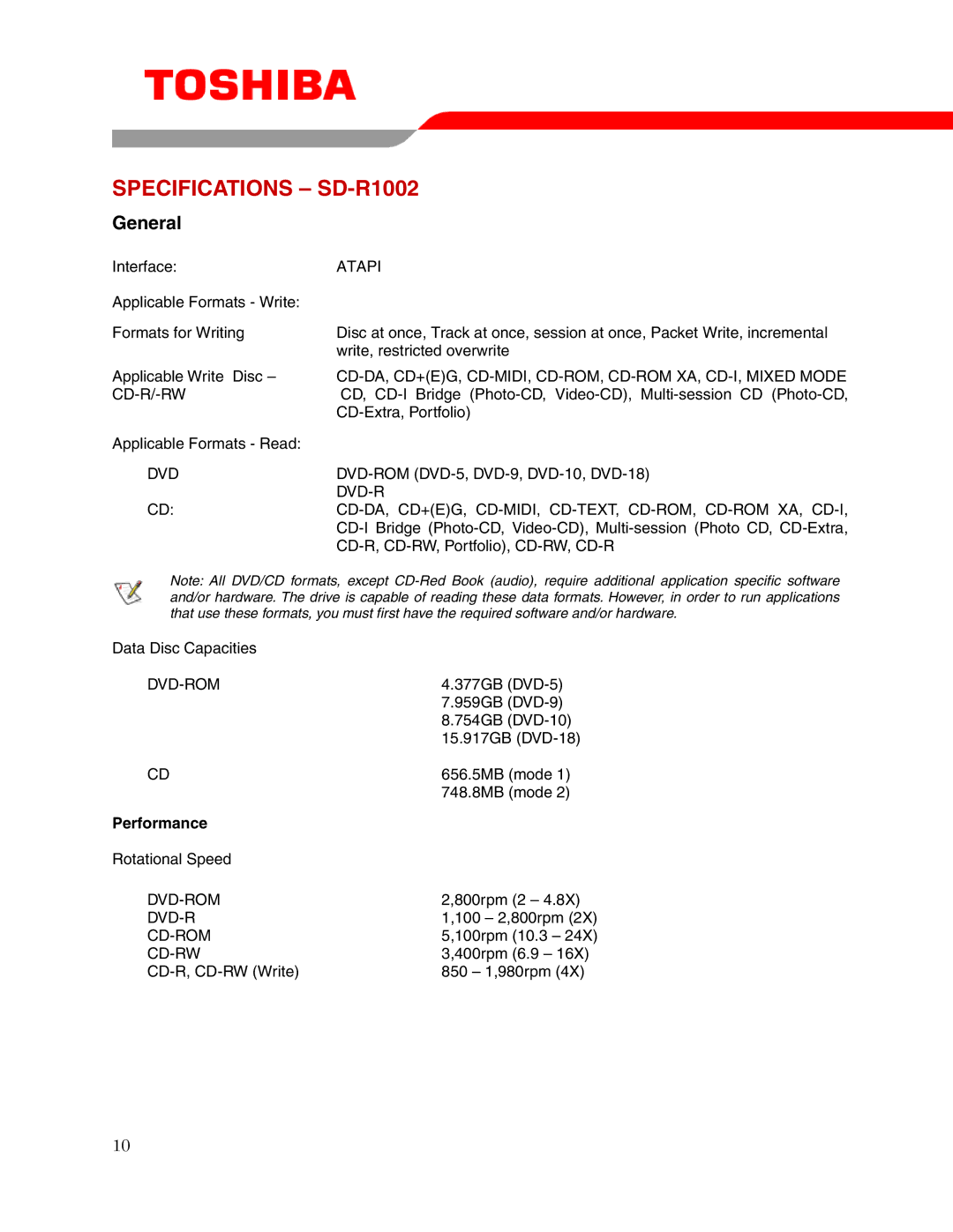 Toshiba user manual Specifications SD-R1002, Performance 