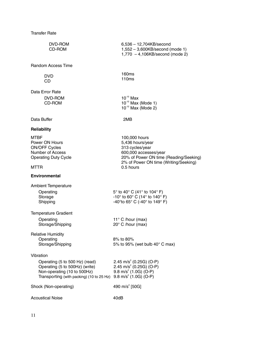 Toshiba SD-R1002 user manual Reliability, Environmental 