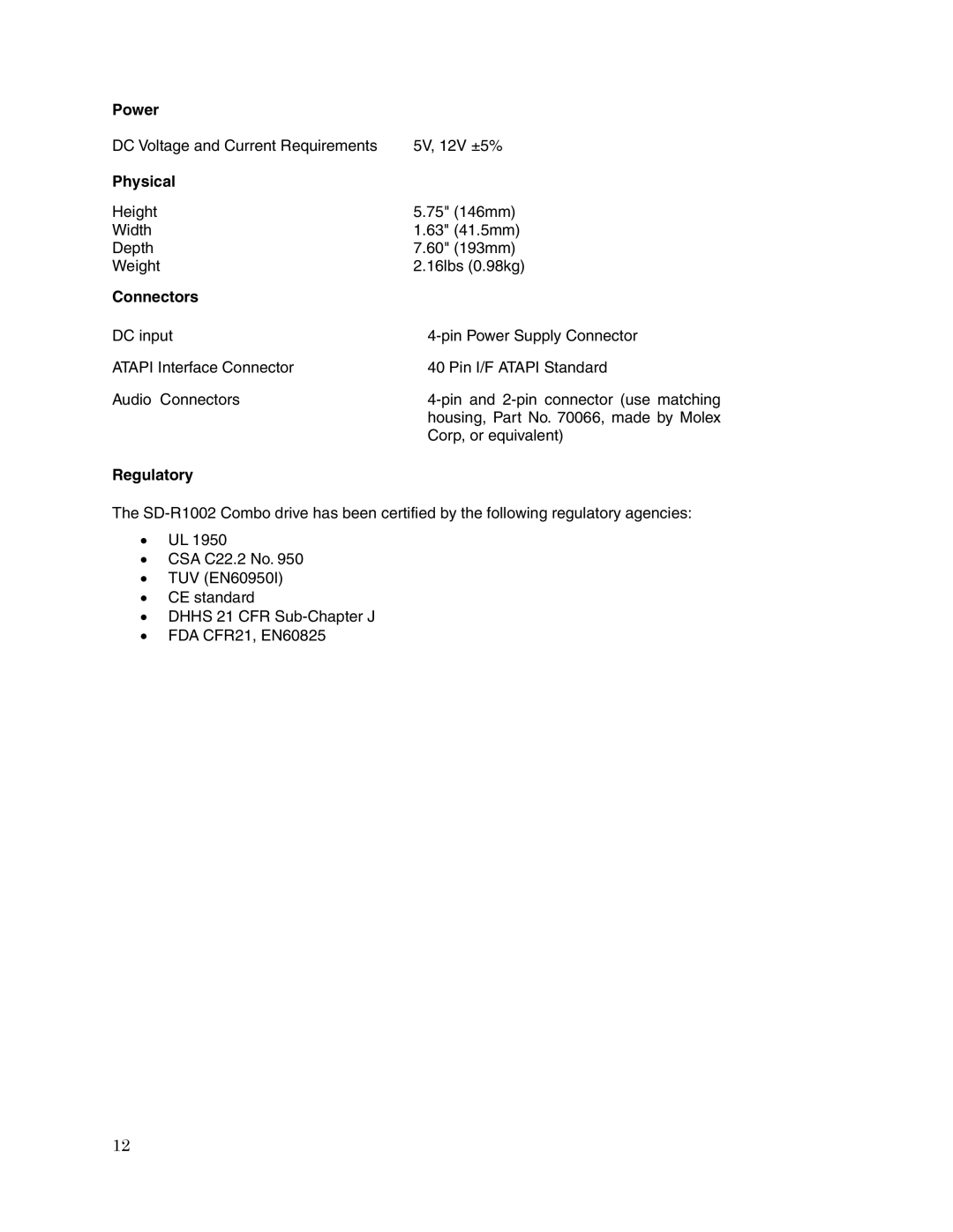 Toshiba SD-R1002 user manual Power, Physical, Connectors, Regulatory 