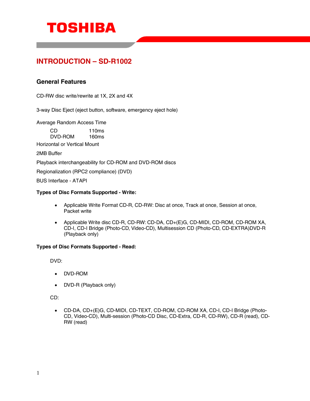 Toshiba user manual Introduction SD-R1002, Types of Disc Formats Supported Write, Types of Disc Formats Supported Read 