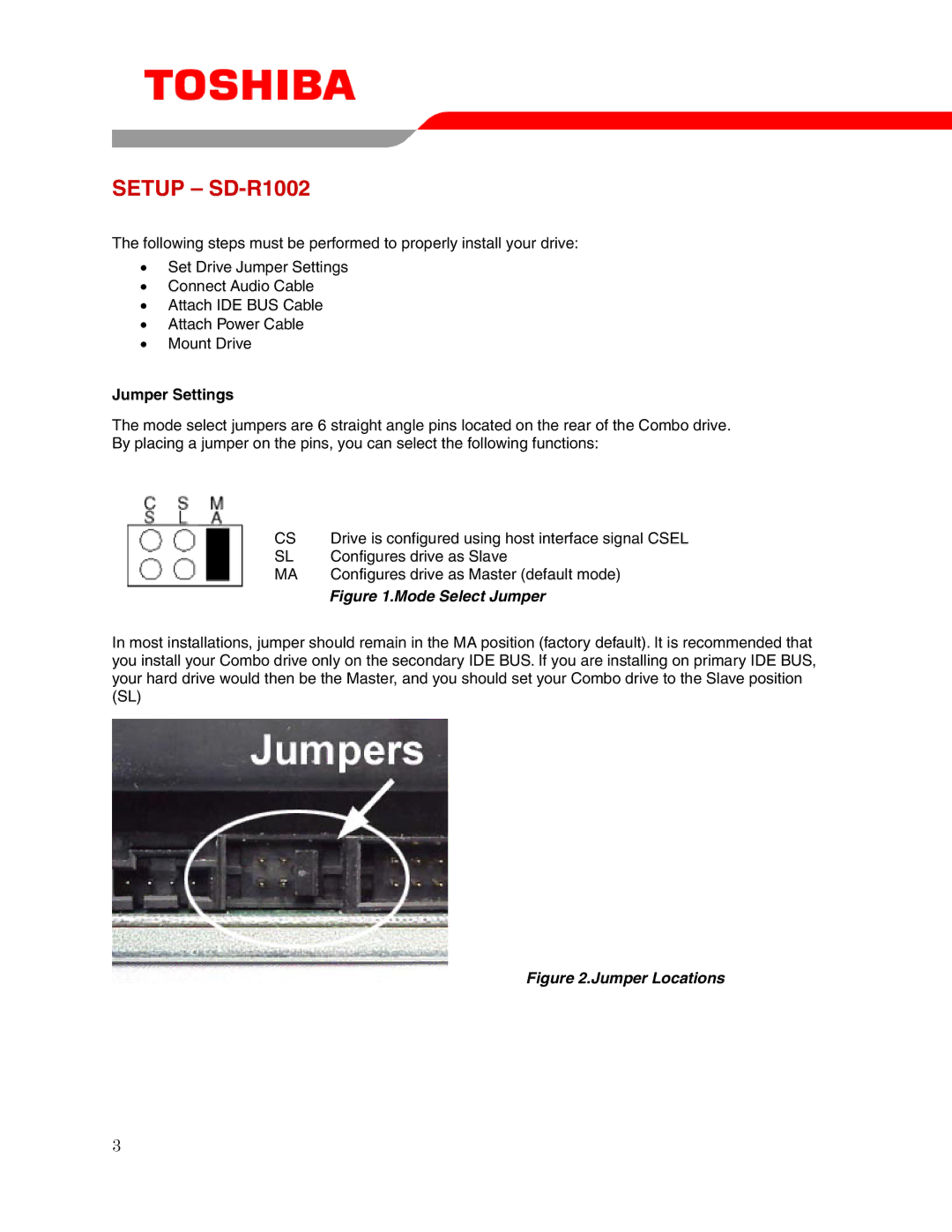 Toshiba user manual Setup SD-R1002, Jumper Settings 