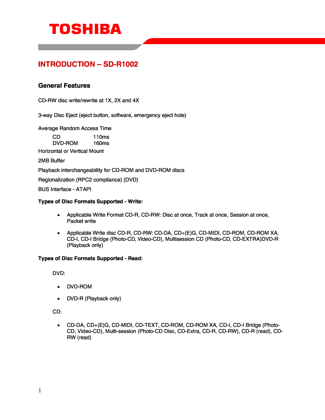 Toshiba user manual INTRODUCTION - SD-R1002, General Features 