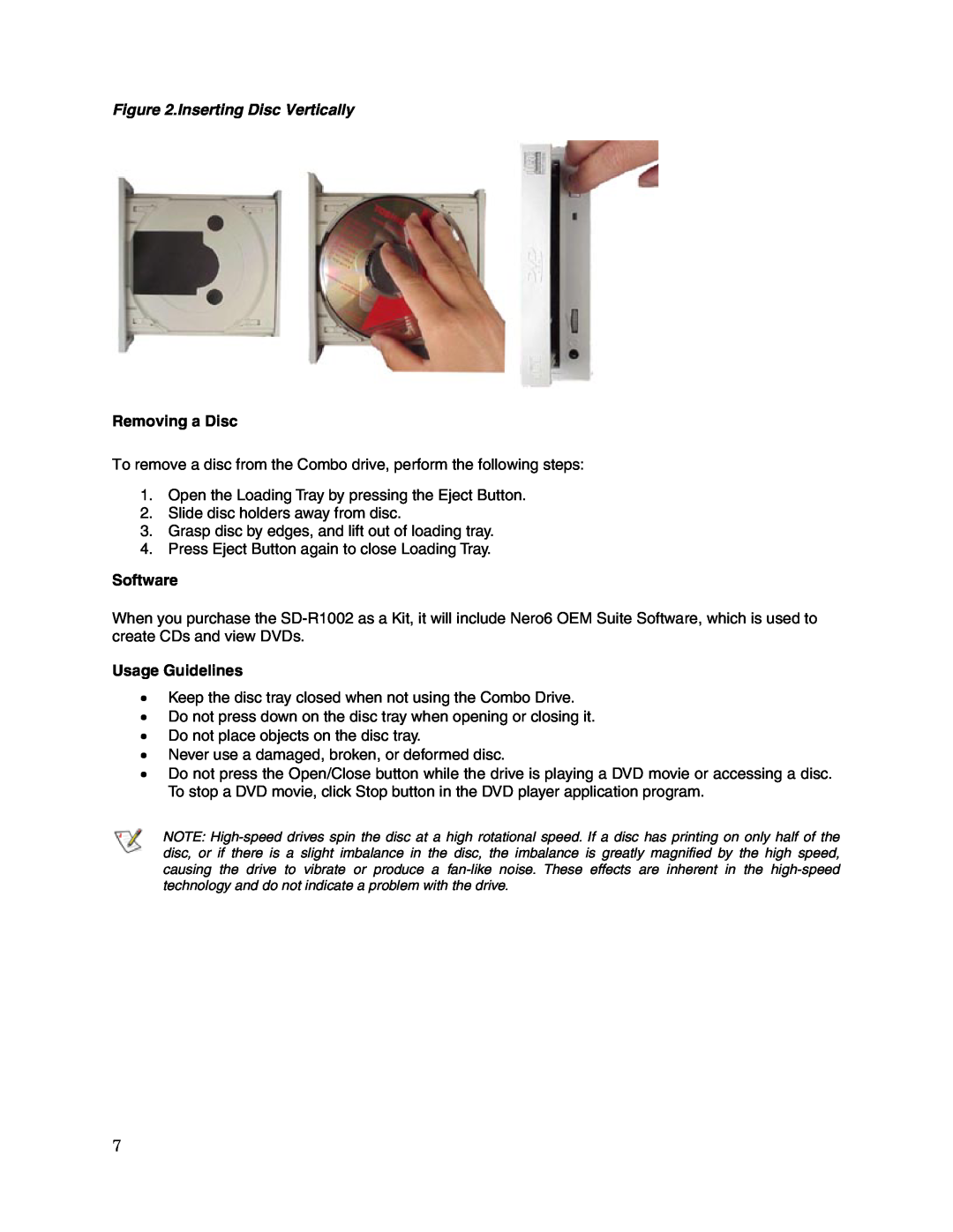 Toshiba SD-R1002 user manual Inserting Disc Vertically, Removing a Disc, Software, Usage Guidelines 