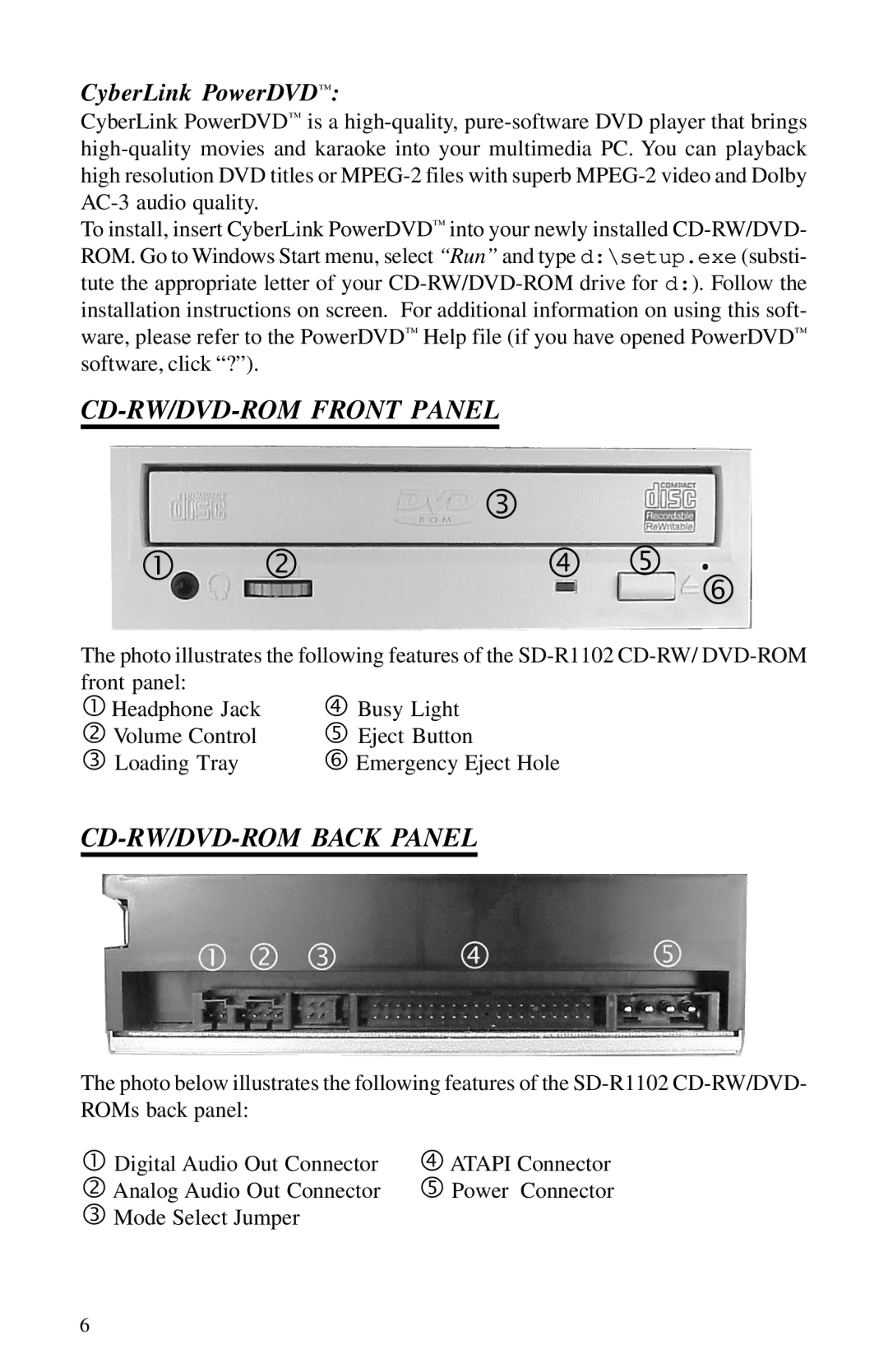 Toshiba SD-R1102 installation instructions CD-RW/DVD-ROM Front Panel, CD-RW/DVD-ROM Back Panel 