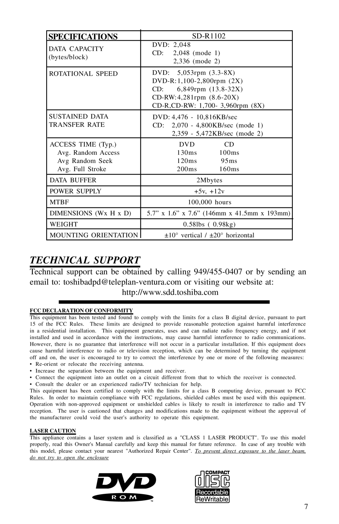 Toshiba SD-R1102 installation instructions Technical Support, Specifications 