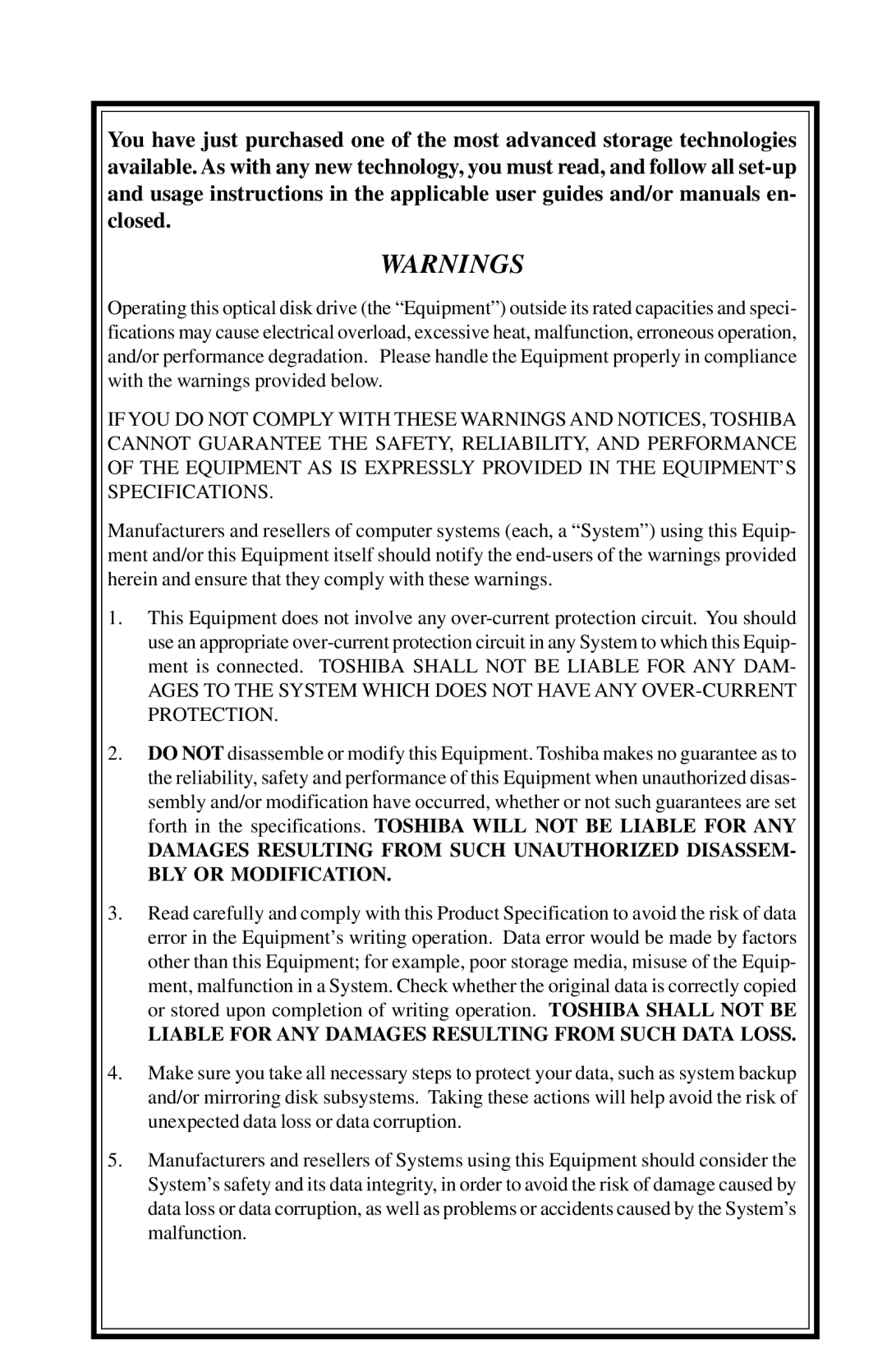 Toshiba SD-R1102 installation instructions Liable for ANY Damages Resulting from Such Data Loss 