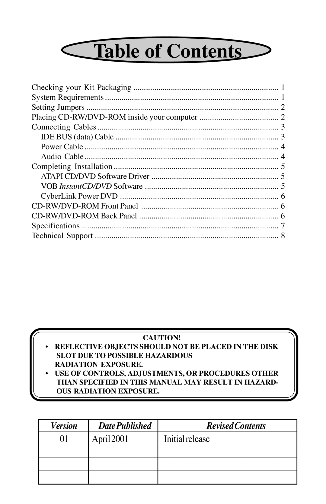 Toshiba SD-R1102 installation instructions Table of Contents 