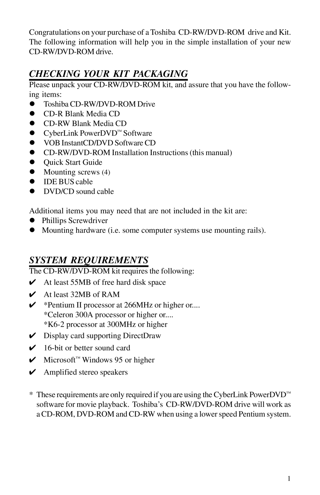 Toshiba SD-R1102 installation instructions Checking Your KIT Packaging, System Requirements 