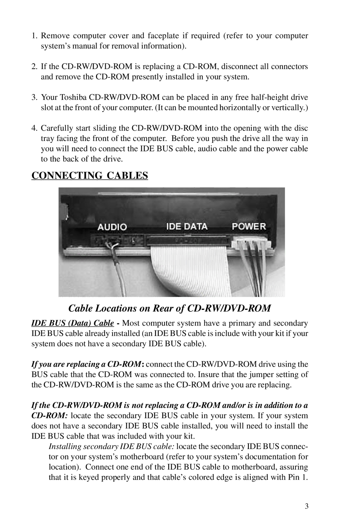 Toshiba SD-R1102 installation instructions Cable Locations on Rear of CD-RW/DVD-ROM 