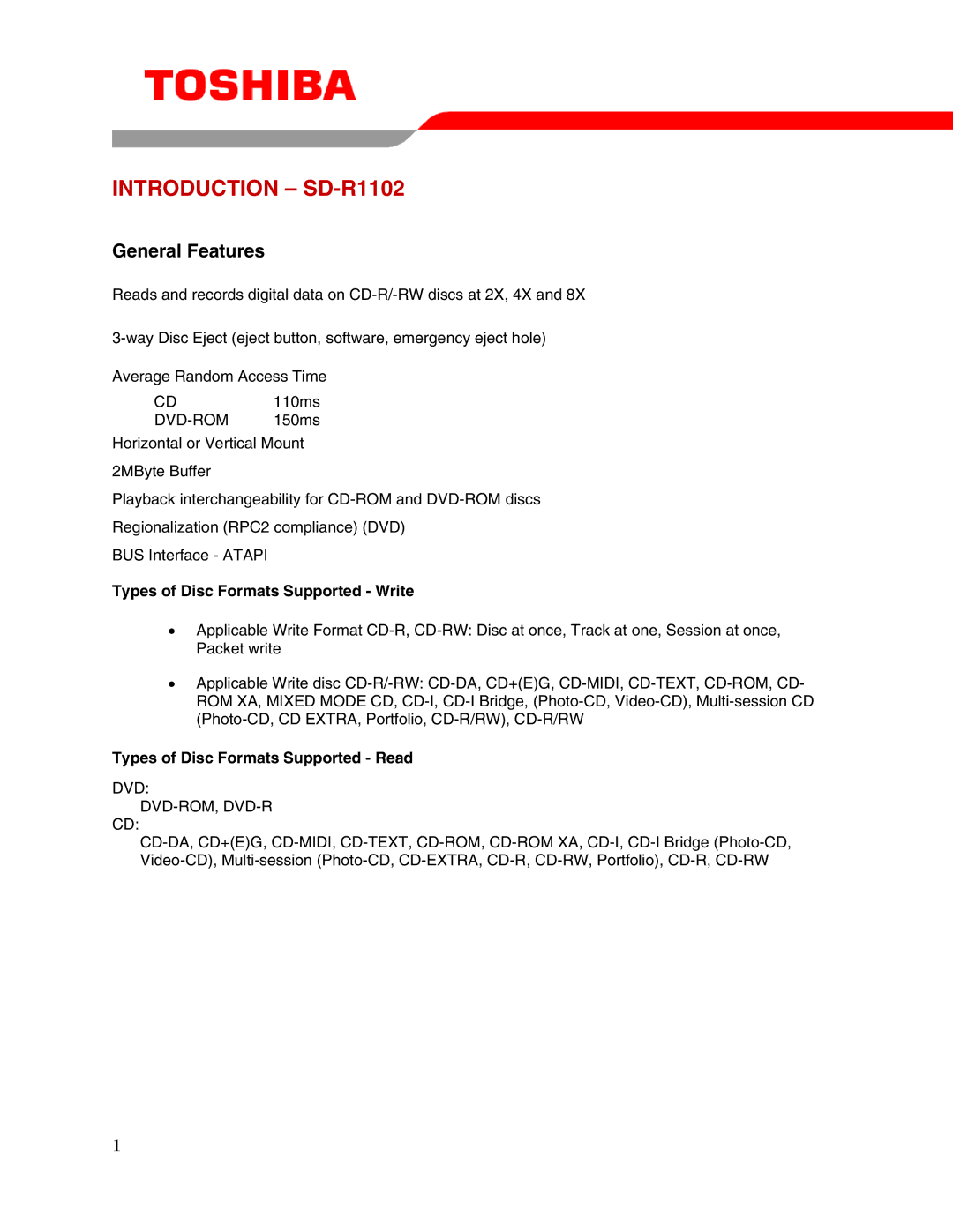 Toshiba user manual Introduction SD-R1102, Types of Disc Formats Supported Write, Types of Disc Formats Supported Read 