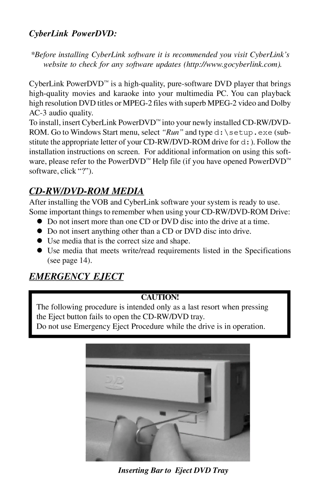 Toshiba SD-R1202 installation instructions CD-RW/DVD-ROM Media, Emergency Eject 