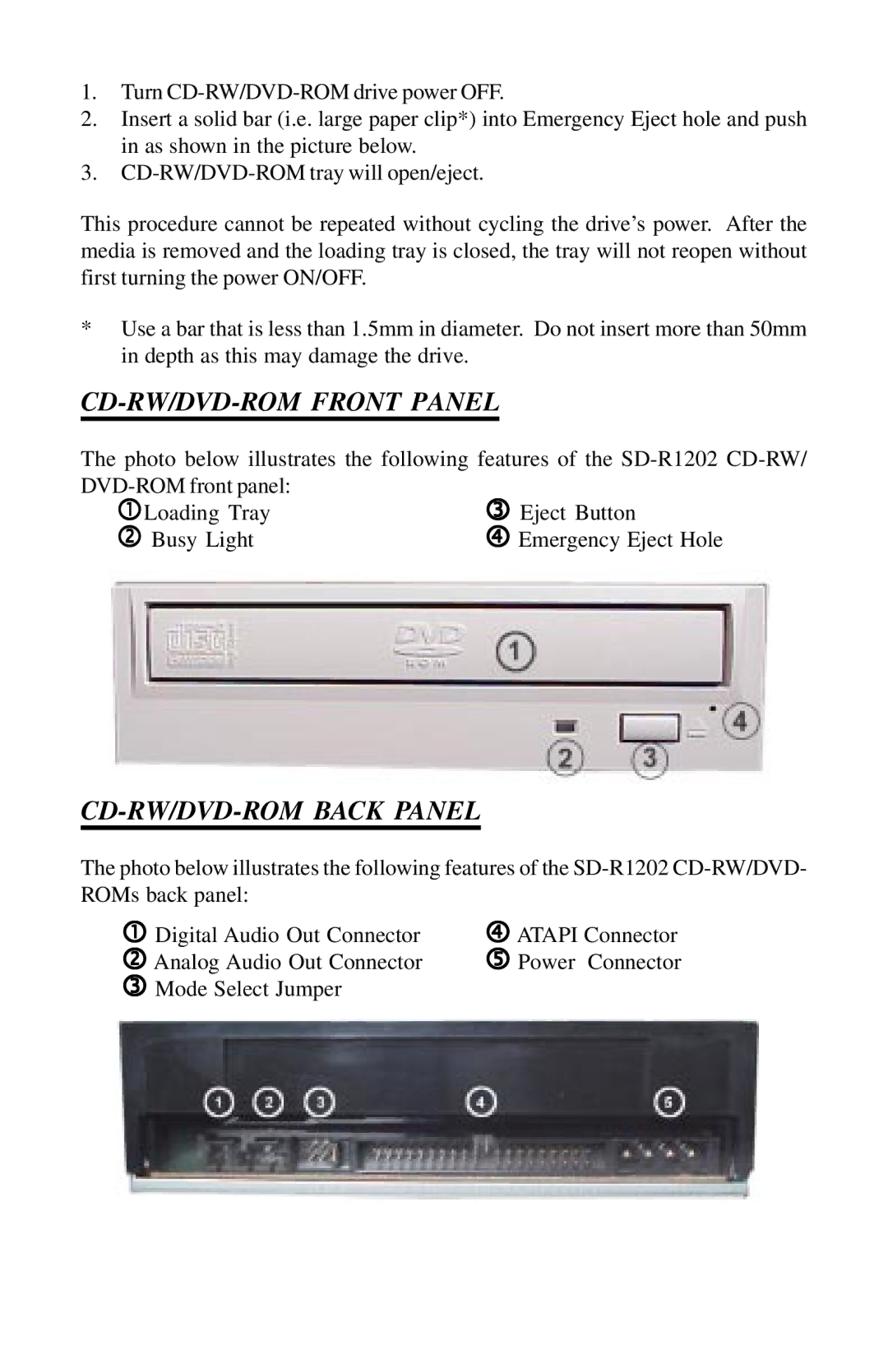 Toshiba SD-R1202 installation instructions CD-RW/DVD-ROM Front Panel, CD-RW/DVD-ROM Back Panel 