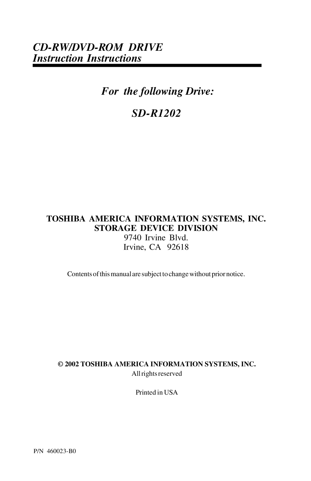 Toshiba SD-R1202 installation instructions CD-RW/DVD-ROM Drive 