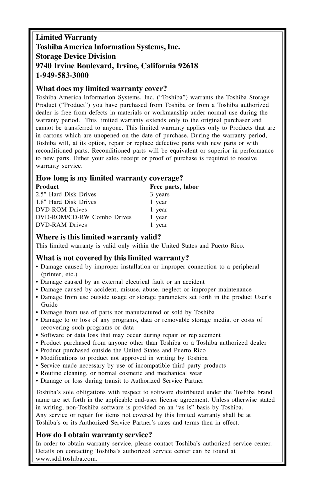 Toshiba SD-R1202 installation instructions Where is this limited warranty valid? 