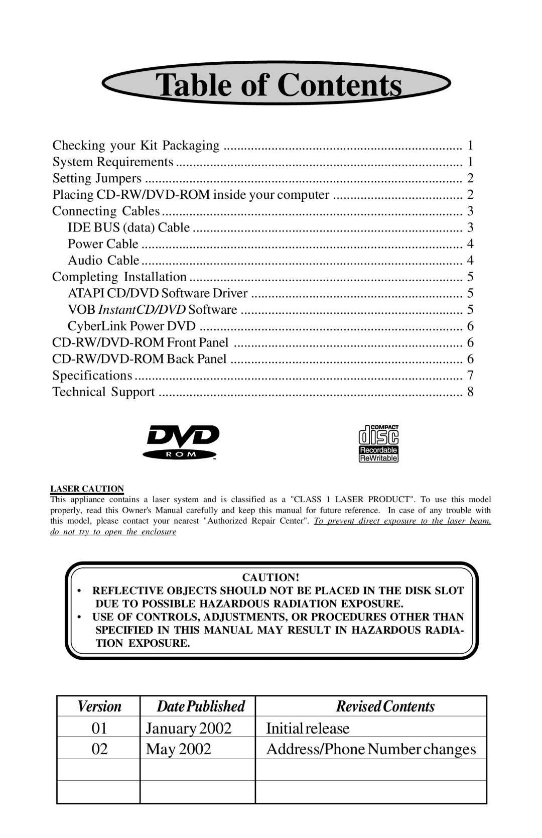 Toshiba SD-R1202 installation instructions Table of Contents 