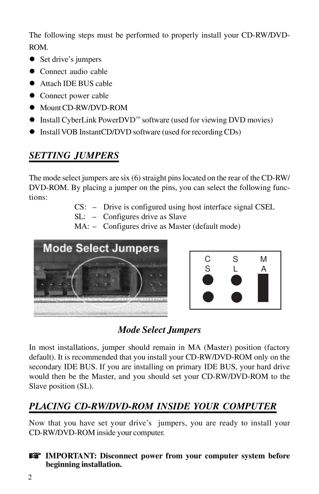 Toshiba SD-R1202 installation instructions Setting Jumpers, Placing CD-RW/DVD-ROM Inside Your Computer 